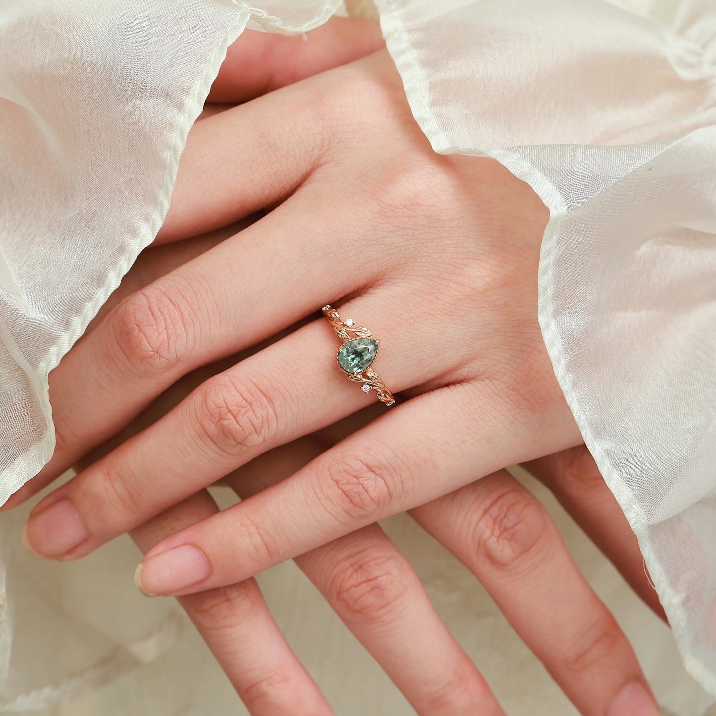 Nature-Inspired Pear Cut Green Sapphire Engagement Ring
