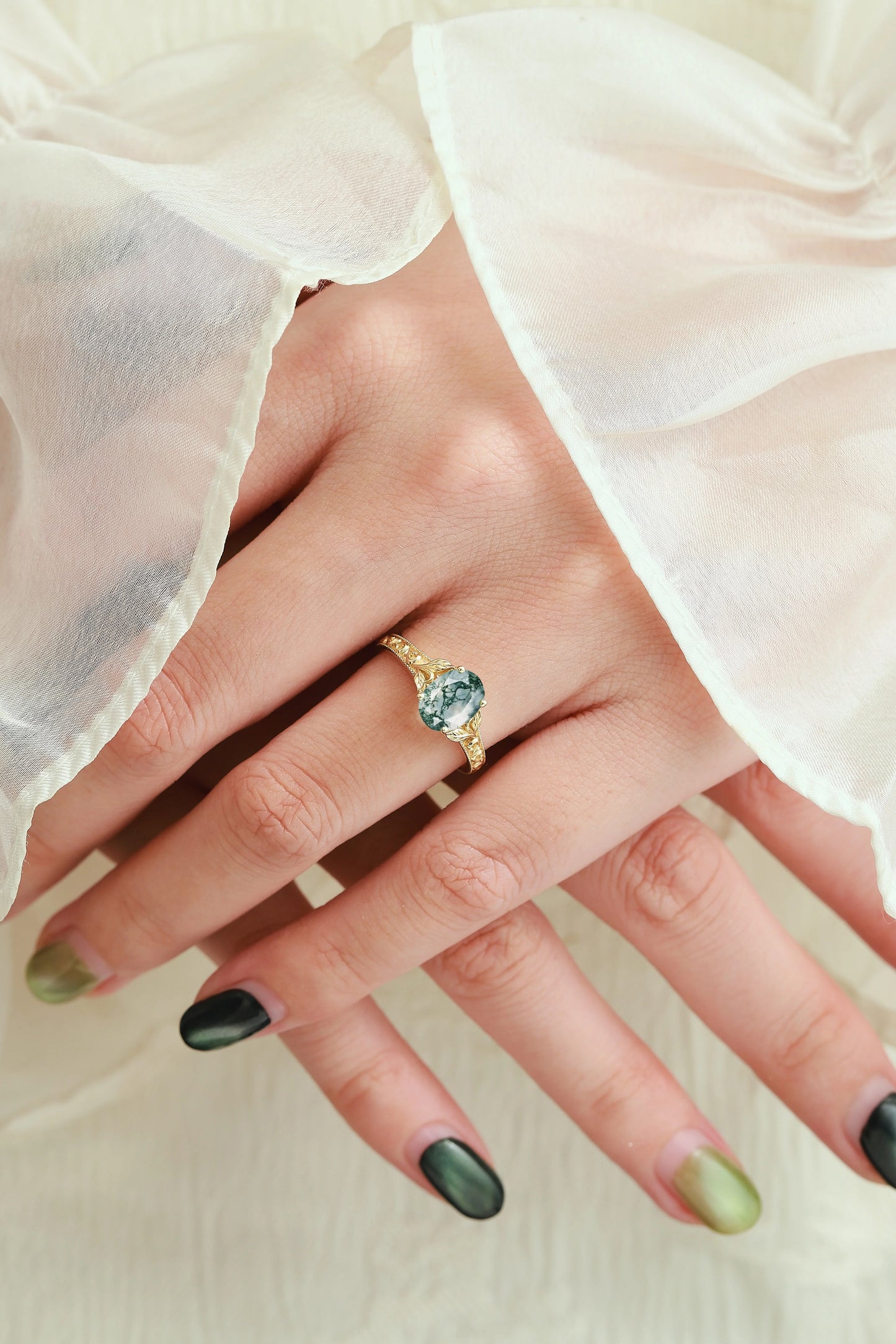 Oval-Cut Moss Agate Engagement Ring with Leaf-Embraced Band