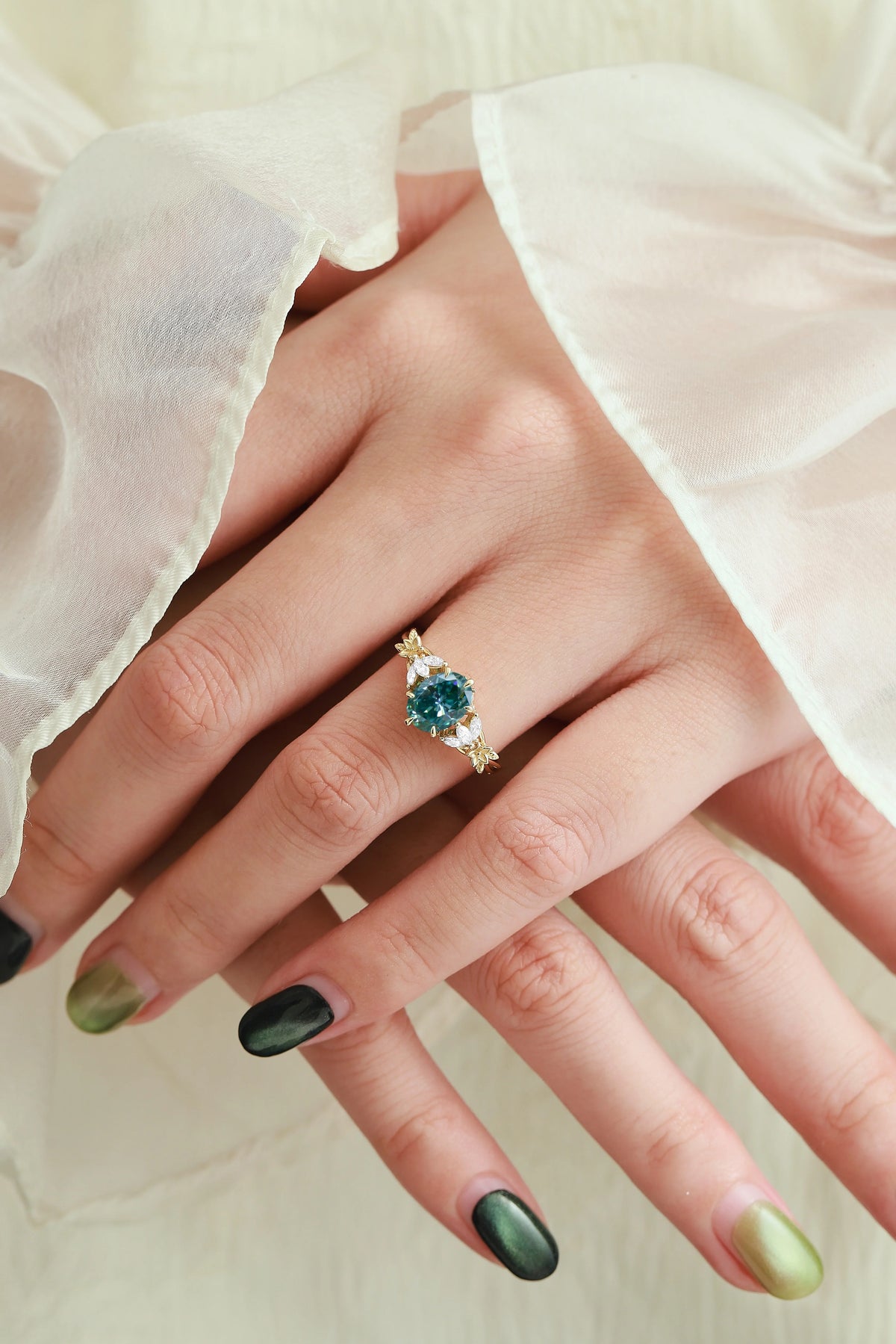 Oval Cut Green Moissanite Flower-Inspired Bud Design Engagement Ring