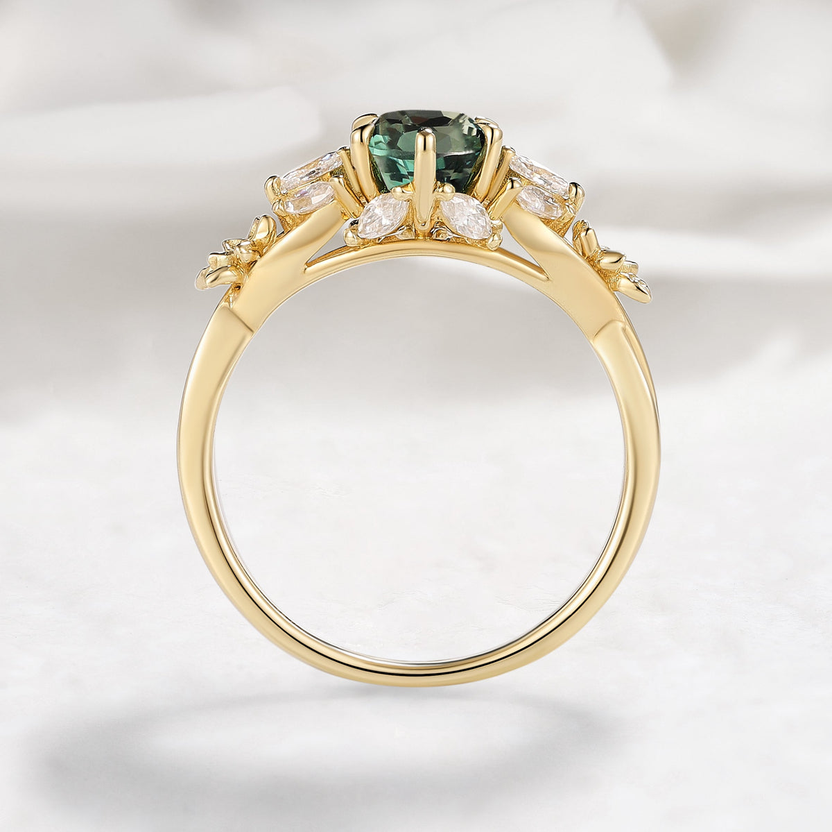 Oval Cut Green Moissanite Flower-Inspired Bud Design Engagement Ring