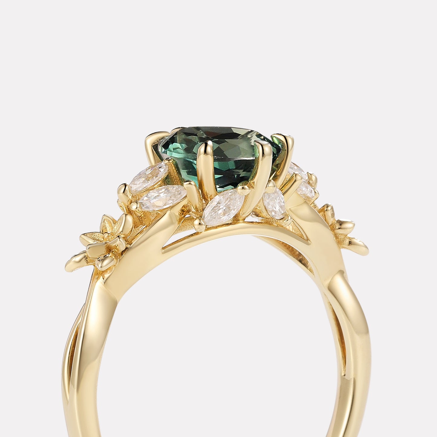 Oval Cut Green Moissanite Flower-Inspired Bud Design Engagement Ring