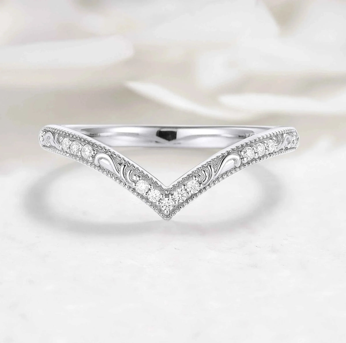 Milgrain Beaded Edge V-Shaped Moissanite Wedding Band