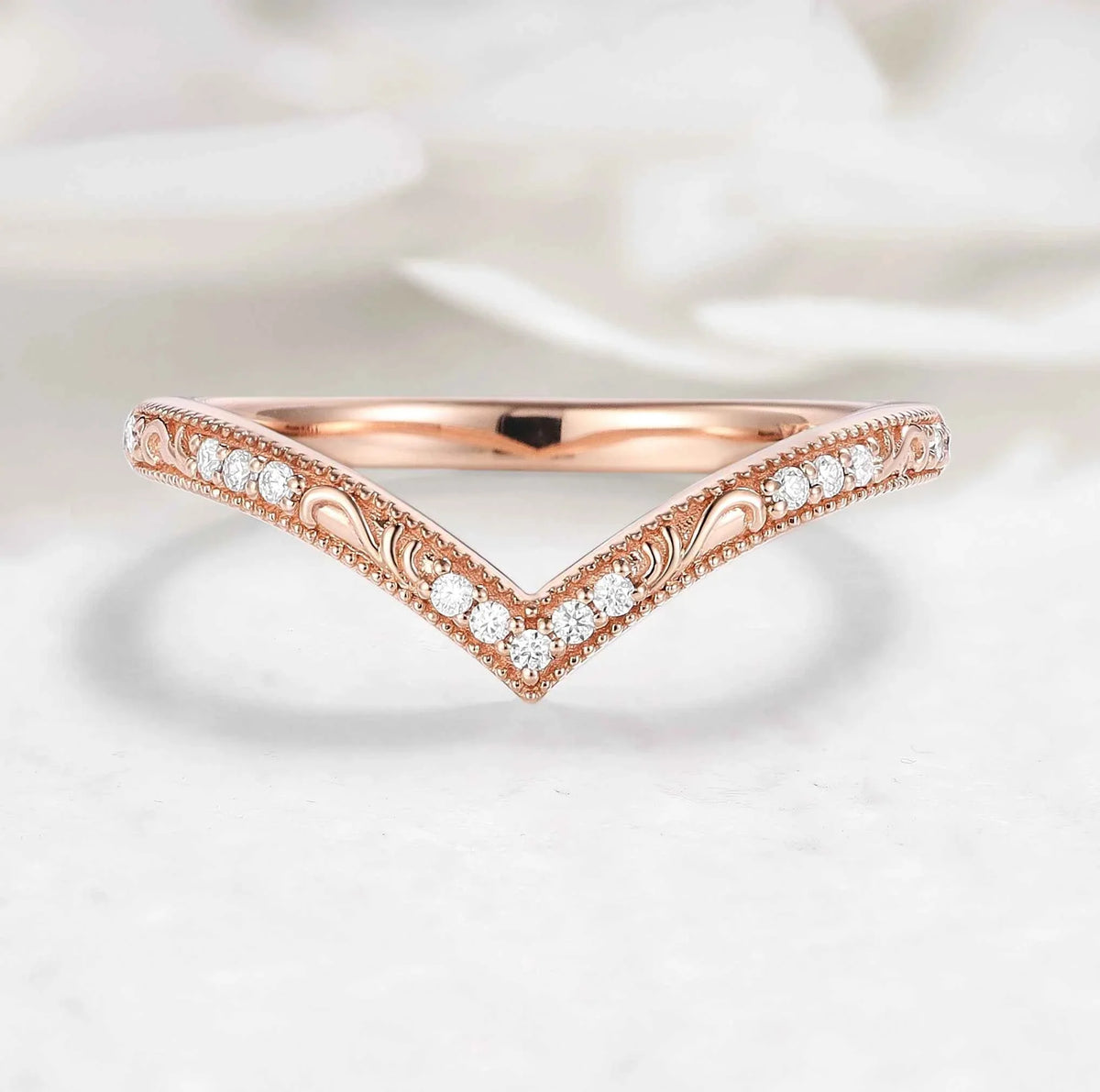 Milgrain Beaded Edge V-Shaped Moissanite Wedding Band