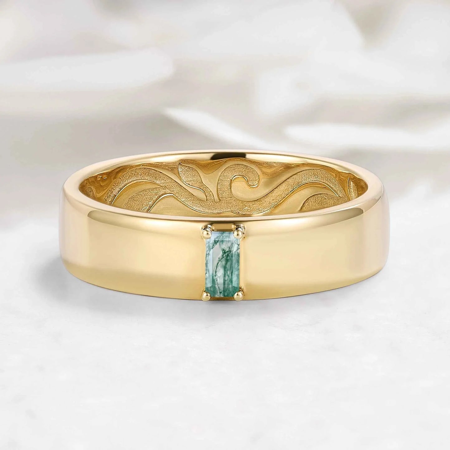 Nature Inspired Moss Agate Men’s Ring with Leaf Vine Engraving