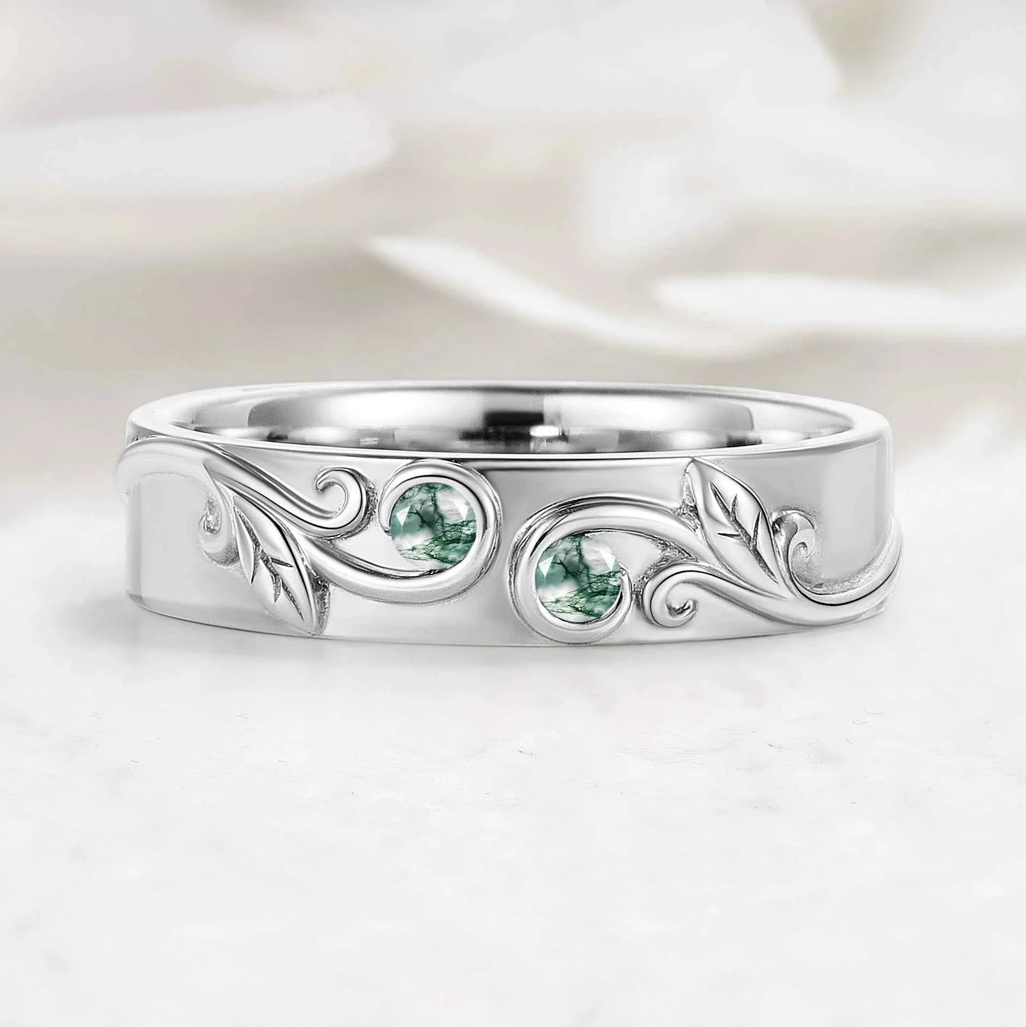 Nature Inspired Leaf Relief Men’s Ring with Moss Agate Accents