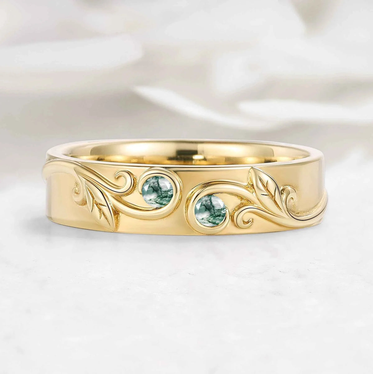 Nature Inspired Leaf Relief Men’s Ring with Moss Agate Accents