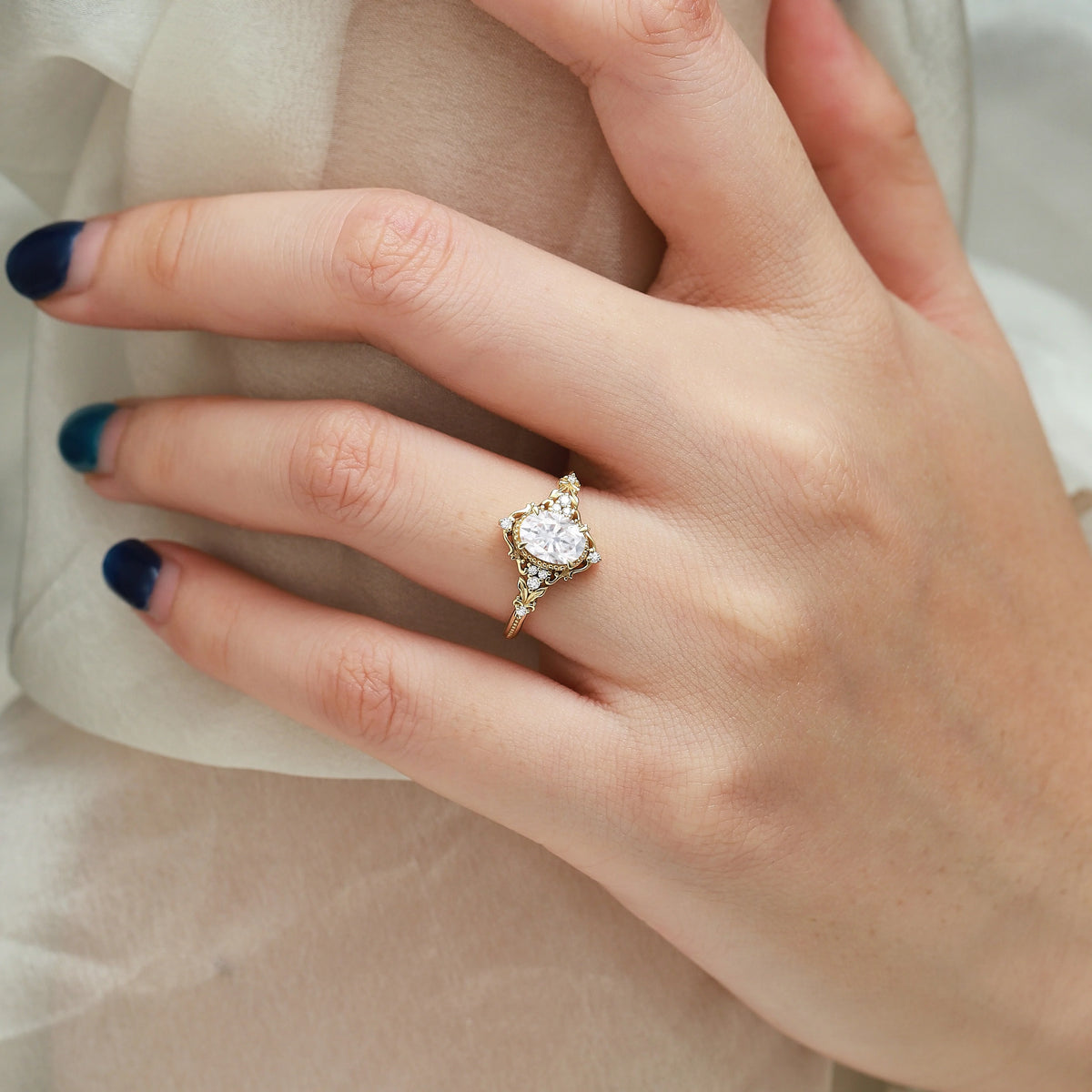 Nature Inspried Vintage Bezel Oval Cut Moissanite Ring Engagement Ring - Liora