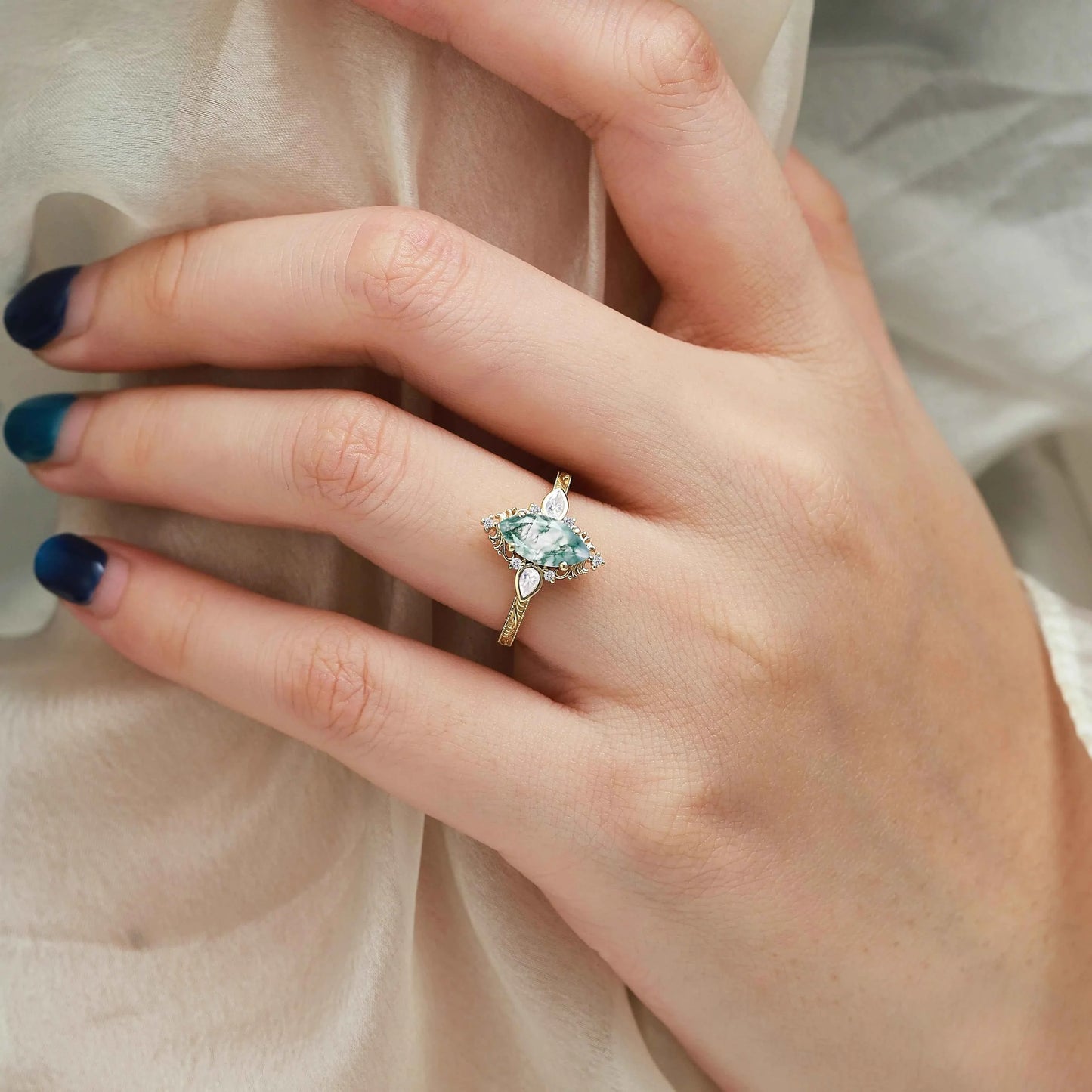 Romantic Nature-Inspired Marquise Moss Agate Engagement Ring