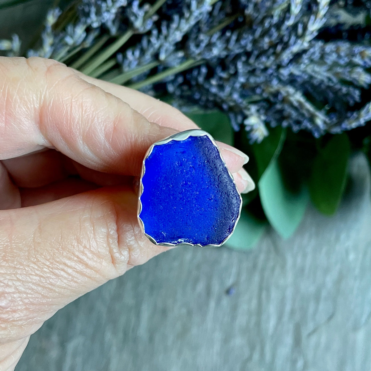 Huge Cobalt Blue Sea Glass Ring | Handmade | Sterling Silver | Size 11 ½