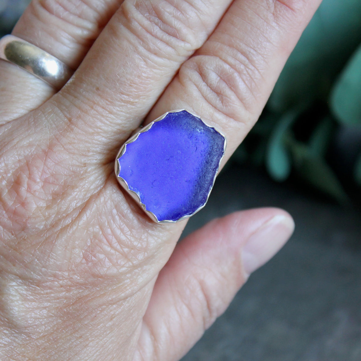 Huge Cobalt Blue Sea Glass Ring | Handmade | Sterling Silver | Size 11 ½