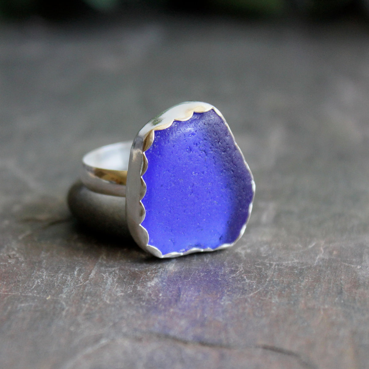 Huge Cobalt Blue Sea Glass Ring | Handmade | Sterling Silver | Size 11 ½