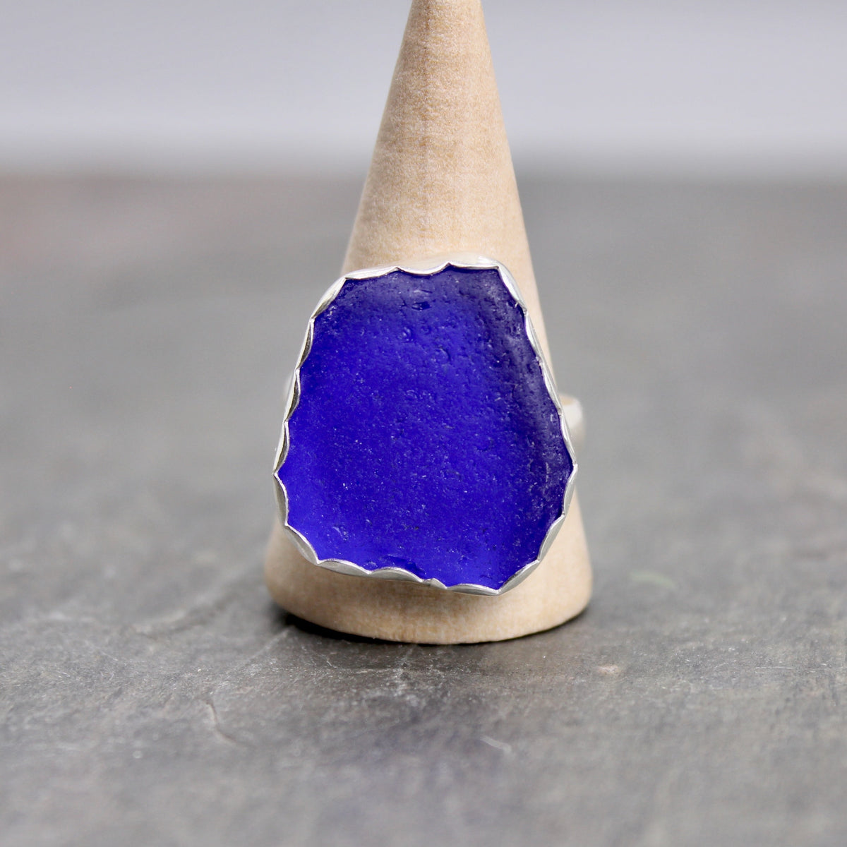 Huge Cobalt Blue Sea Glass Ring | Handmade | Sterling Silver | Size 11 ½