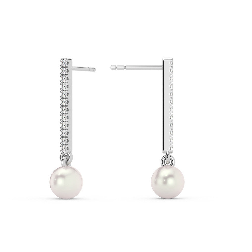6mm Pearl & Diamond Dangle Earrings Women's 14k Gold Tennis Earrings Lab Grown