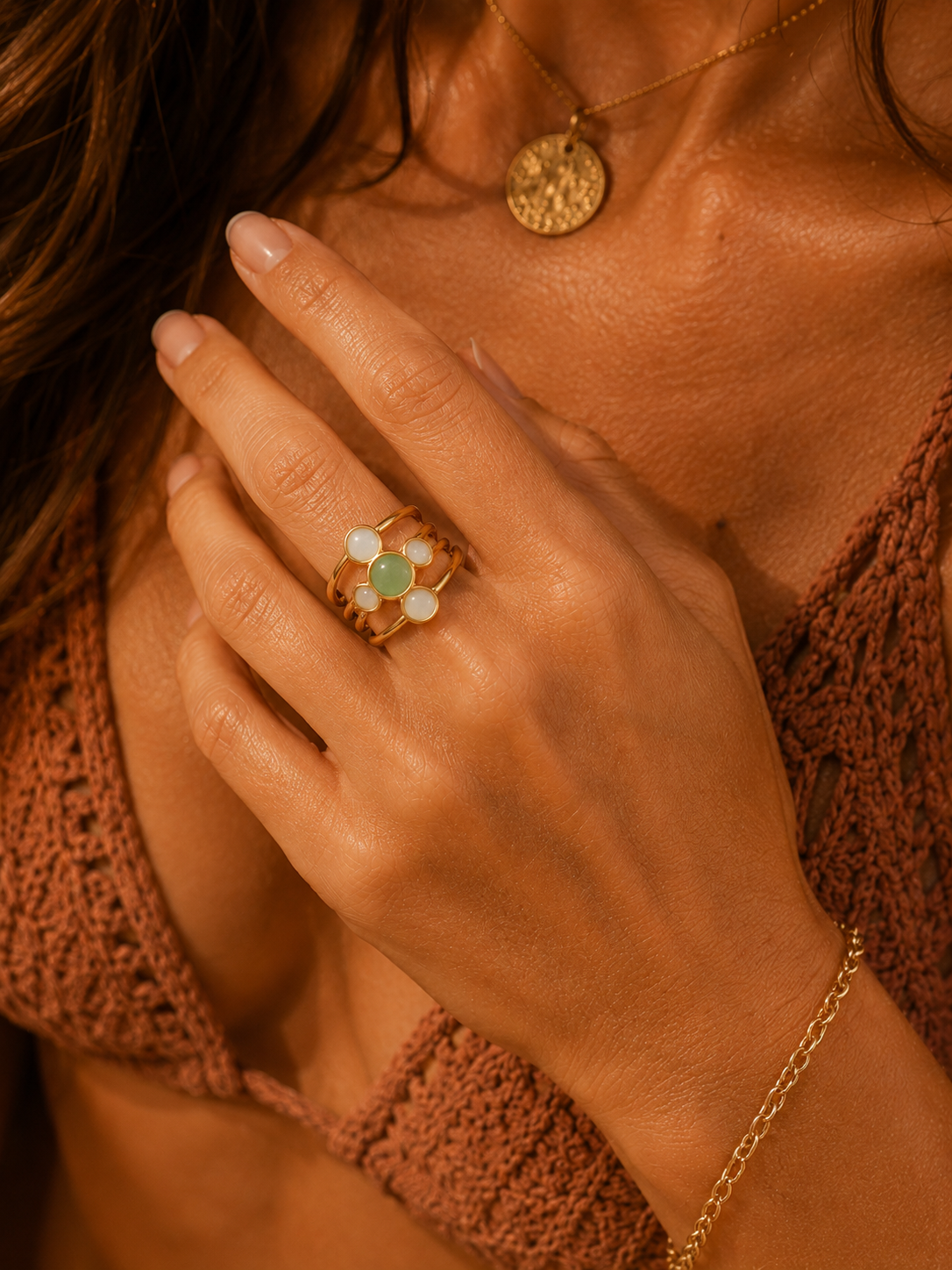 Bague FLORA | Aventurine Verte & Opales Or 24k Ajustable – Univers Végétal