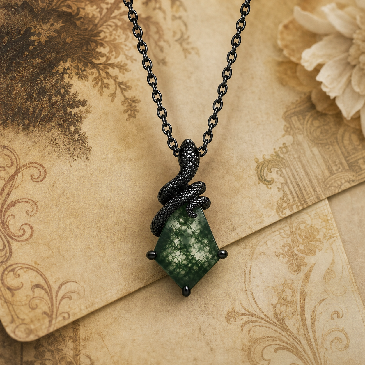 Kite Cut Moss Agate Mystical Serpent Carved Black Gold Gothic Necklace For Her- "Cloak"