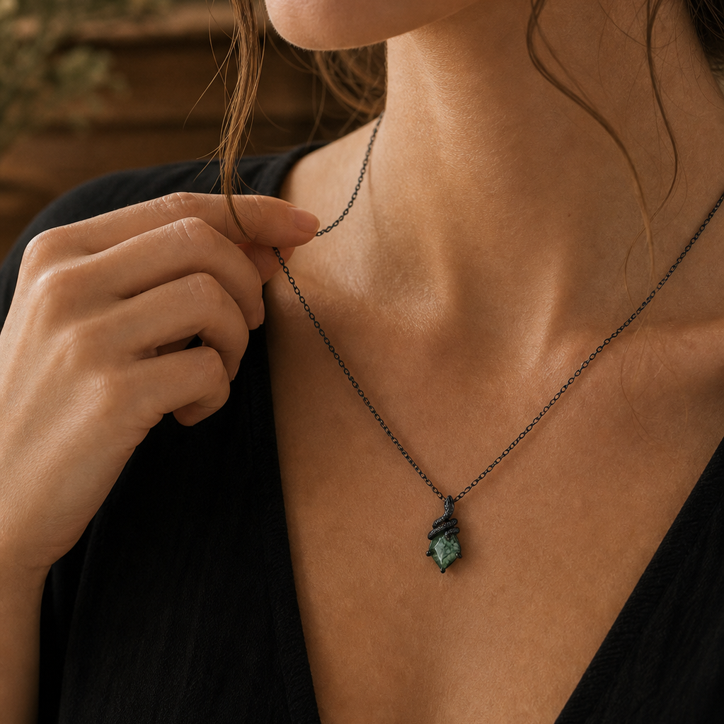 Kite Cut Moss Agate Mystical Serpent Carved Black Gold Gothic Necklace For Her- "Cloak"