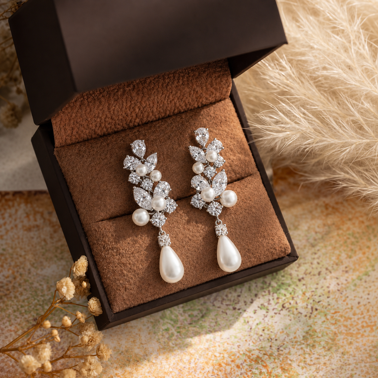 Moissanite & Natural Pearl Teardrop Dangle Bridal Wedding Earrings-Nivea