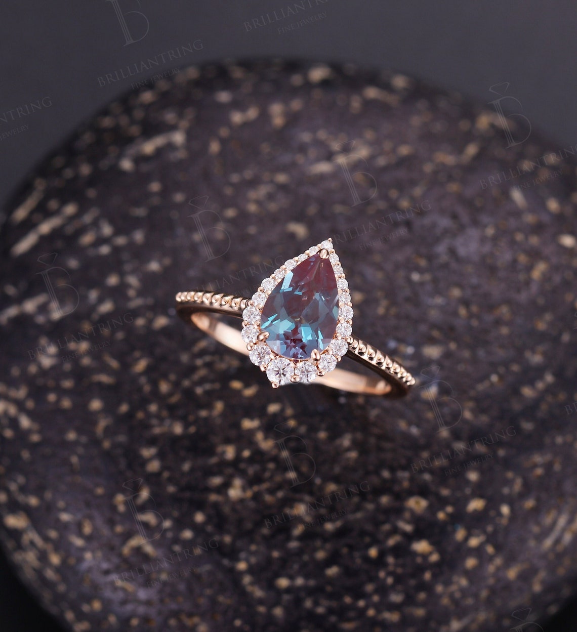 Vintage Alexandrite engagement ring Pear shaped Rose gold ring milgrain art deco halo moissanite ring unique art deco anniversary ring