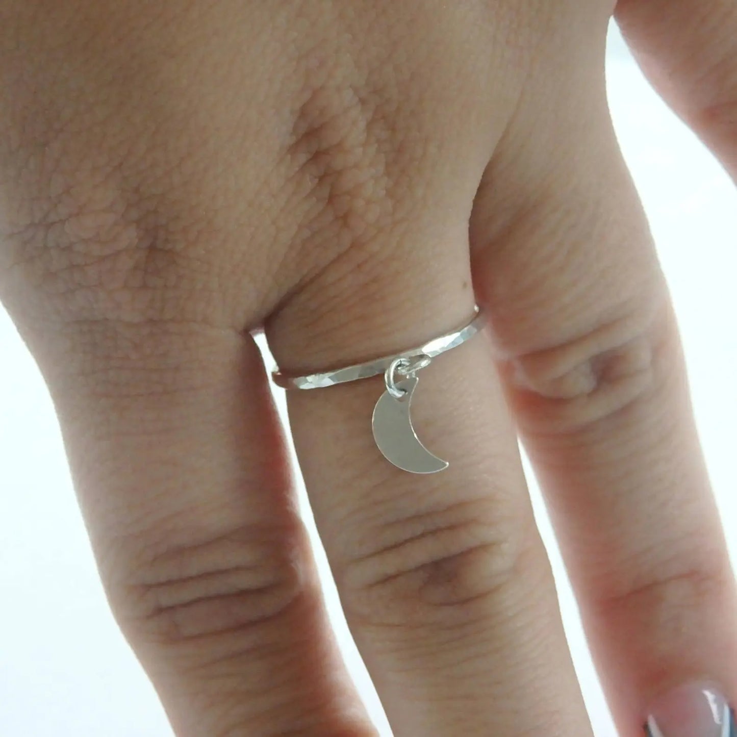 Sterling Silver Moon Charm Ring - Celestial Dangle Stacking Ring