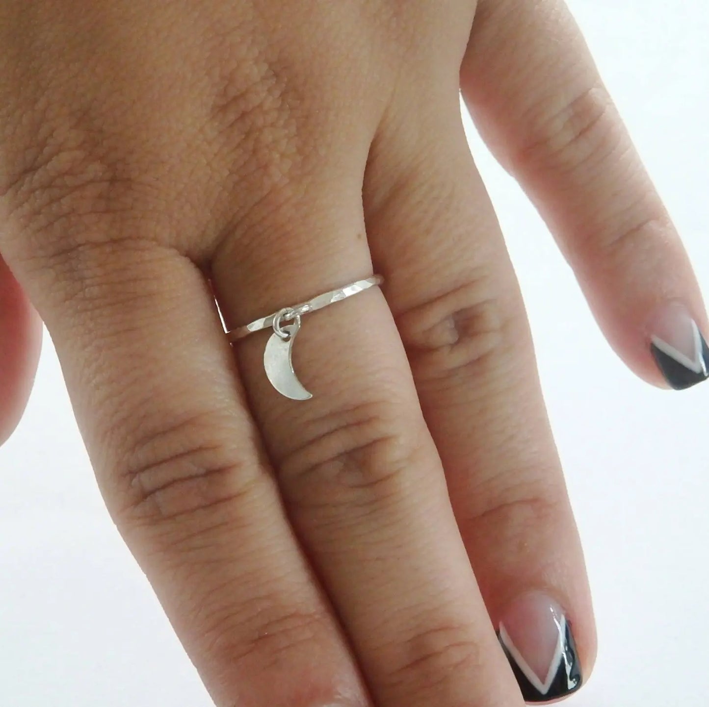 Sterling Silver Moon Charm Ring - Celestial Dangle Stacking Ring