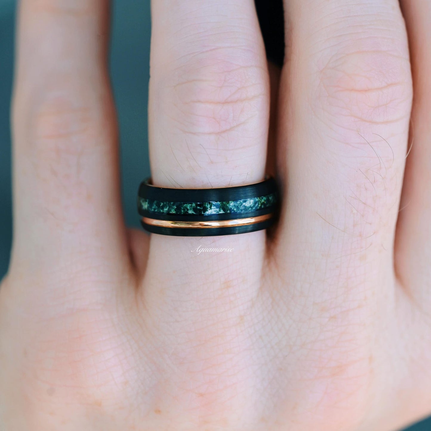 Moss Agate Two Tone Black Rose Gold Tungsten Couples Ring Set