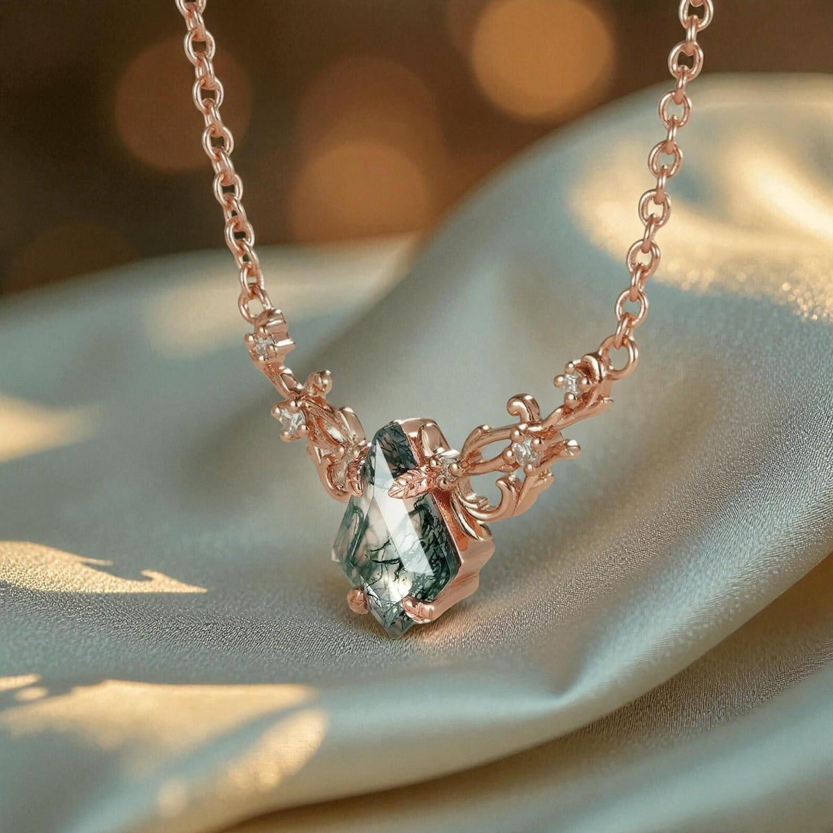 Kite Cut Moss Agate Mystical Nature Inspired Necklace