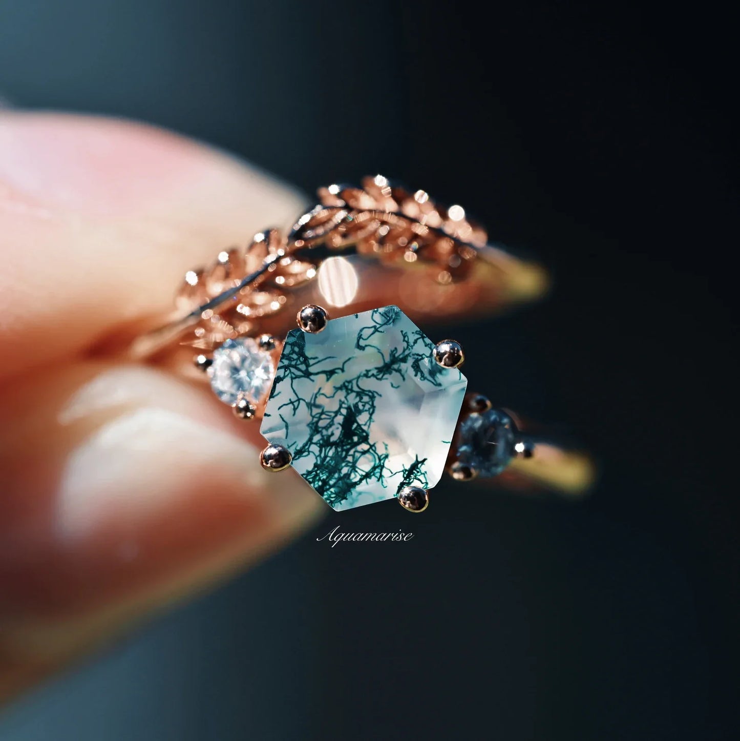 Hexagon Moss Agate & Whiskey Barrel Couples Rings Set