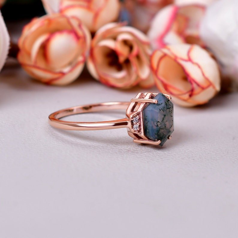 Stunning Hexagon Cut Moss Agate Engagement Ring