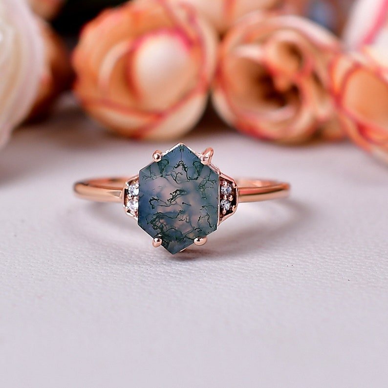 Stunning Hexagon Cut Moss Agate Engagement Ring