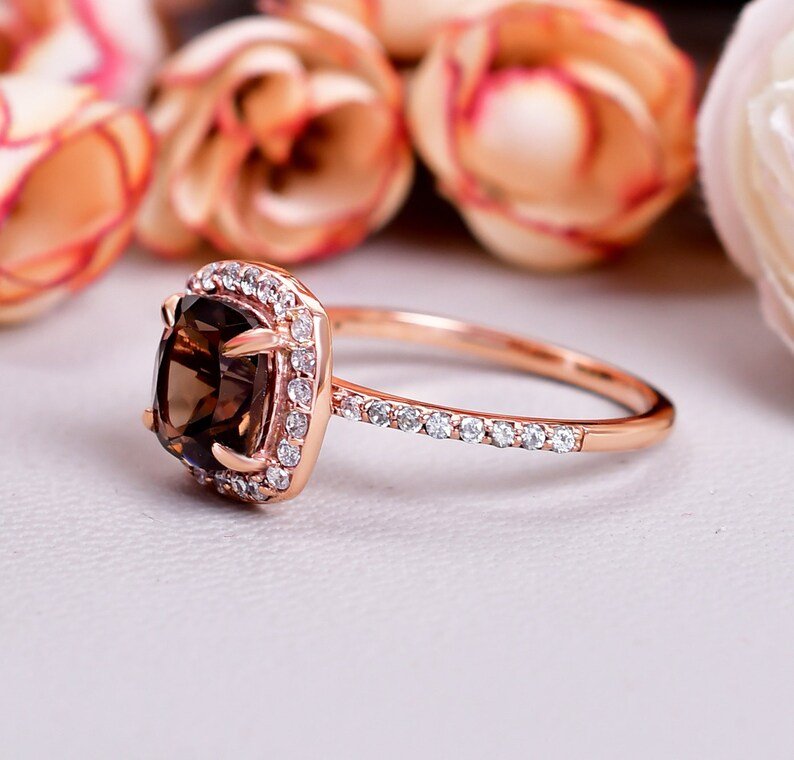 Natural Smokey Quartz Cluster Daimond Ring gift for her