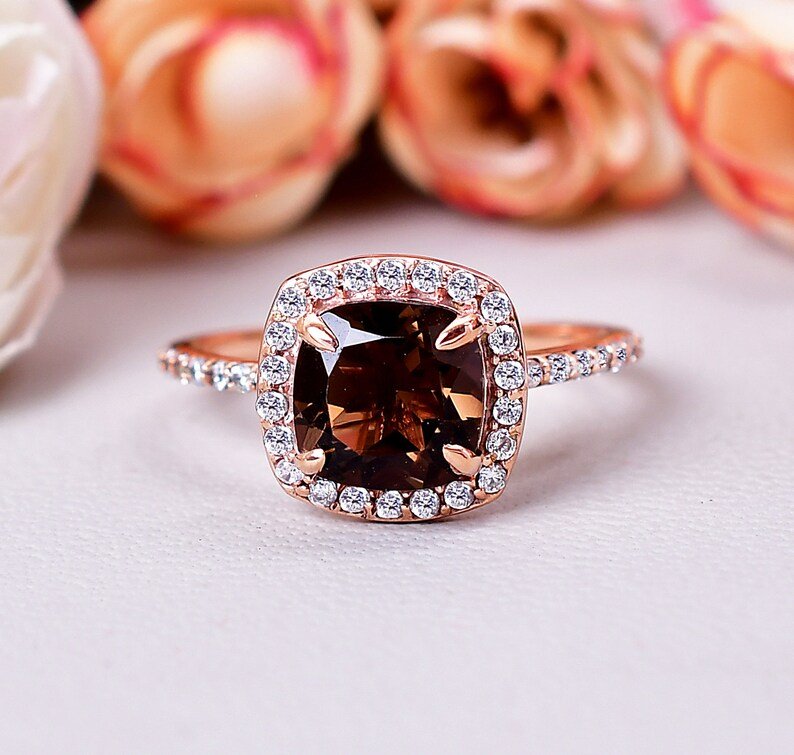 Natural Smokey Quartz Cluster Daimond Ring gift for her