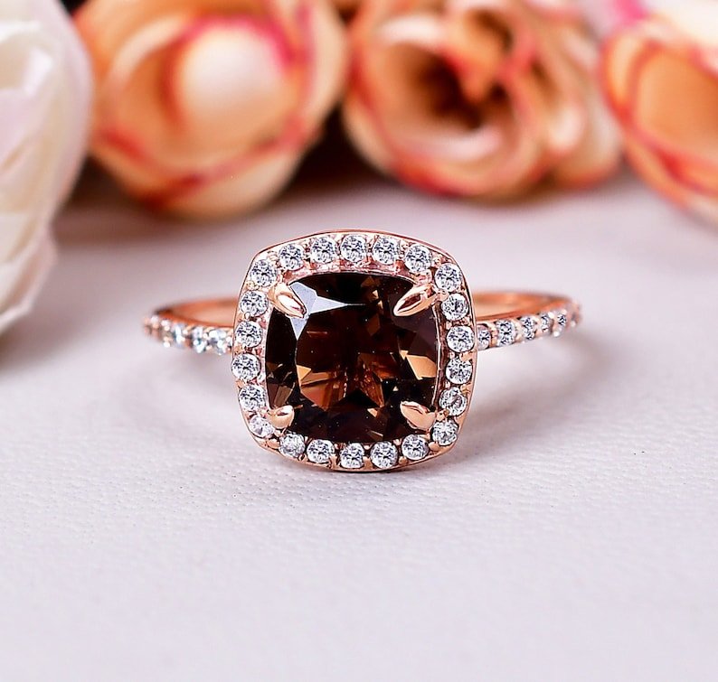 Natural Smokey Quartz Cluster Daimond Ring gift for her