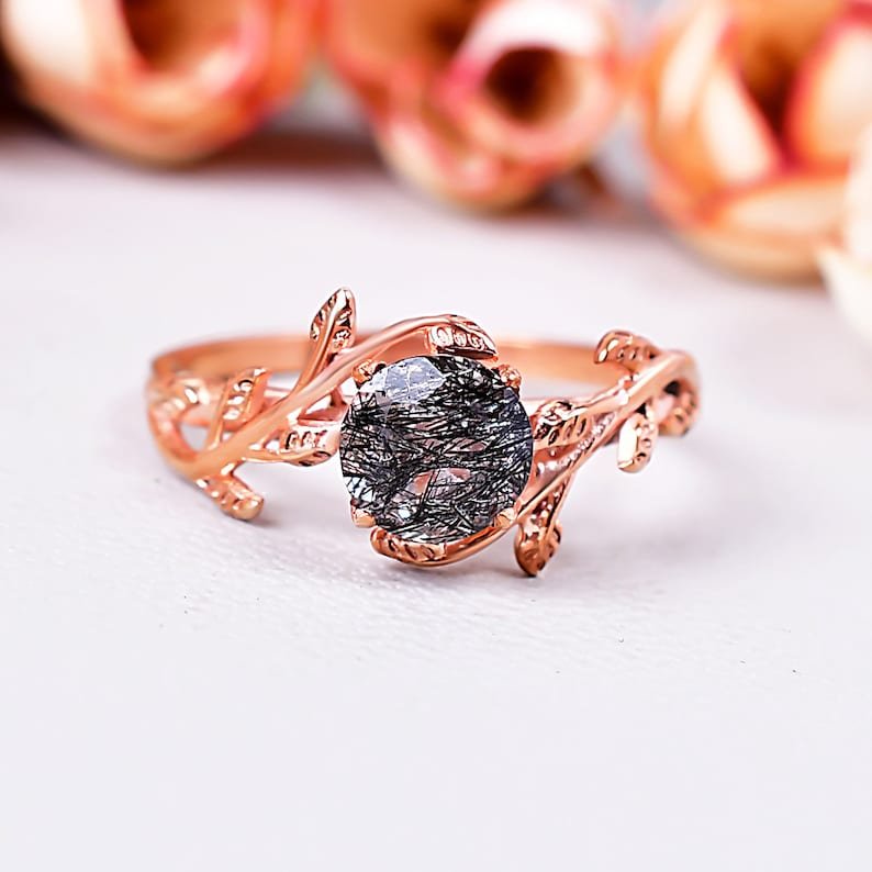 Natural Inspired Leaf Black Rutilated Quartz Ring