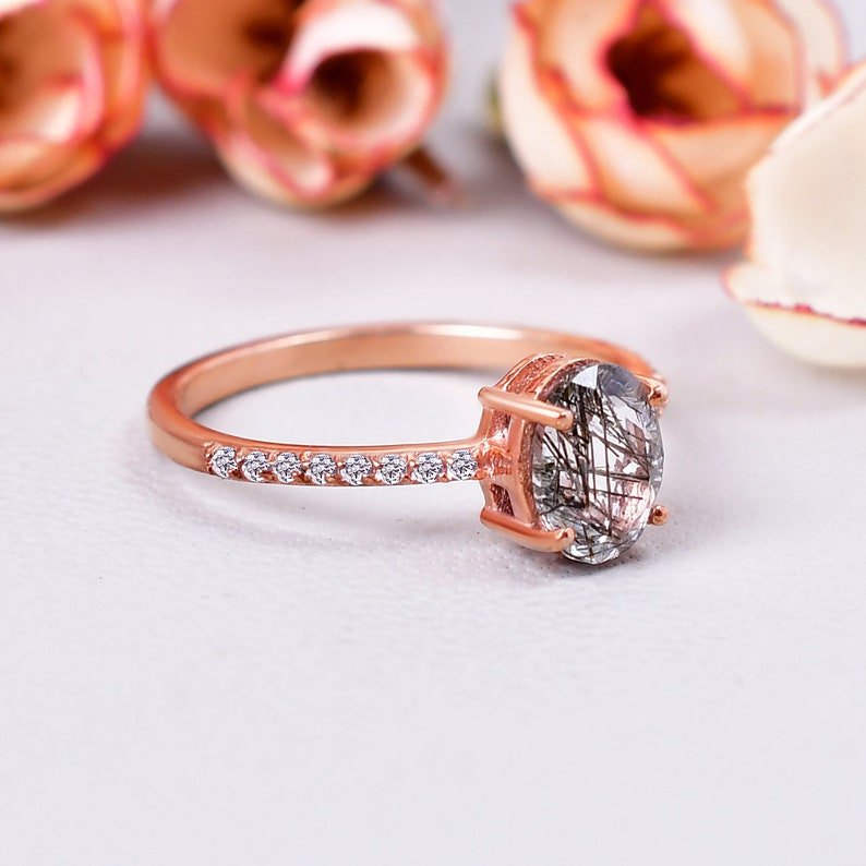 Unique Oval Cut Black Rutilated Quartz Engagement Ring