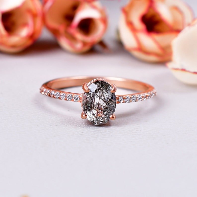 Unique Oval Cut Black Rutilated Quartz Engagement Ring