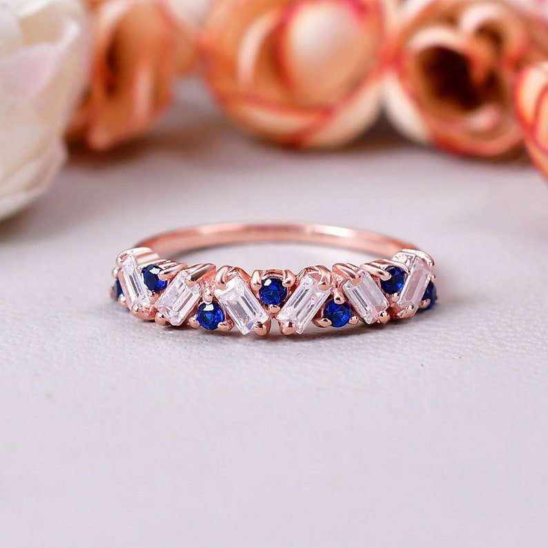 Vintage Baguette Cut Moissanite & Blue Sapphire Wedding Ring