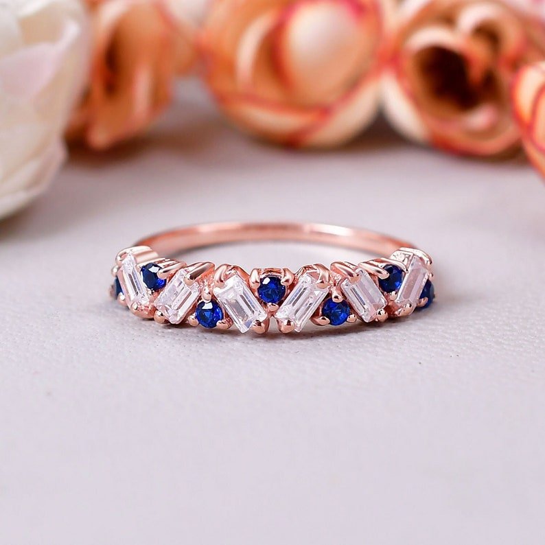 Vintage Baguette Cut Moissanite & Blue Sapphire Wedding Ring