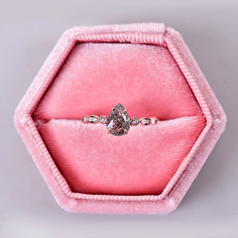 Black Rutilated Quartz & Vintage Moissanite Engagement Ring