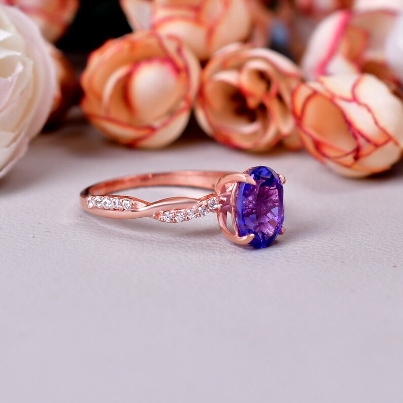 Oval Tanzanite Engagement Ring Violet Gemstone Twist Ring