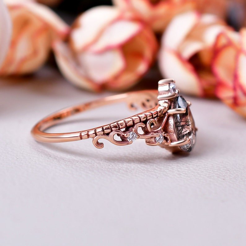 Teardrop Tourmalinated Quartz Crown Engagement Ring