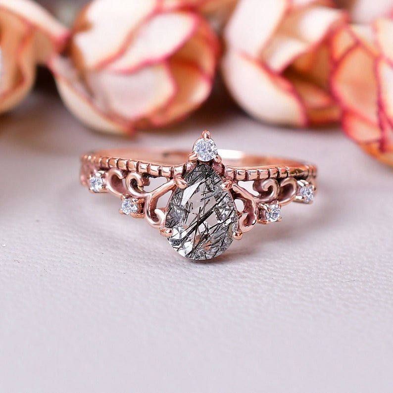 Teardrop Tourmalinated Quartz Crown Engagement Ring