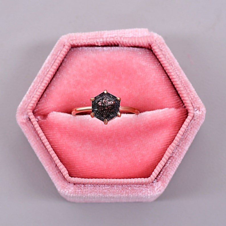 Black Rutile Quartz Solitaire Engagement Ring Birthday Gift