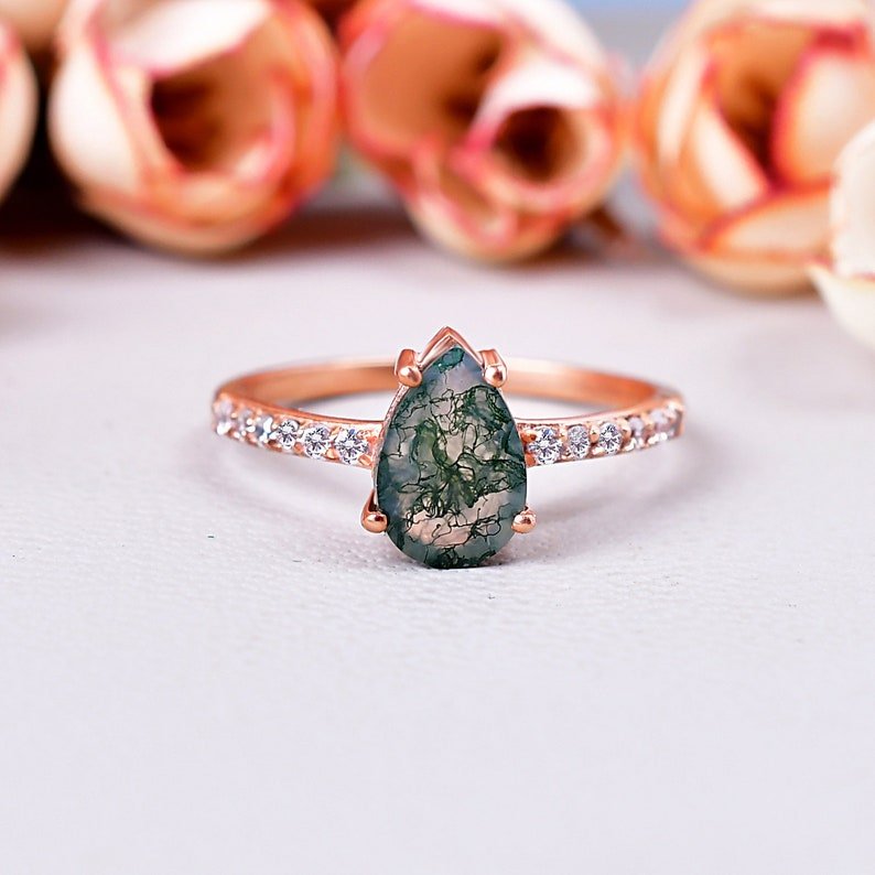 Natural Pear Shaped Moss Agate Engagement Ring for her