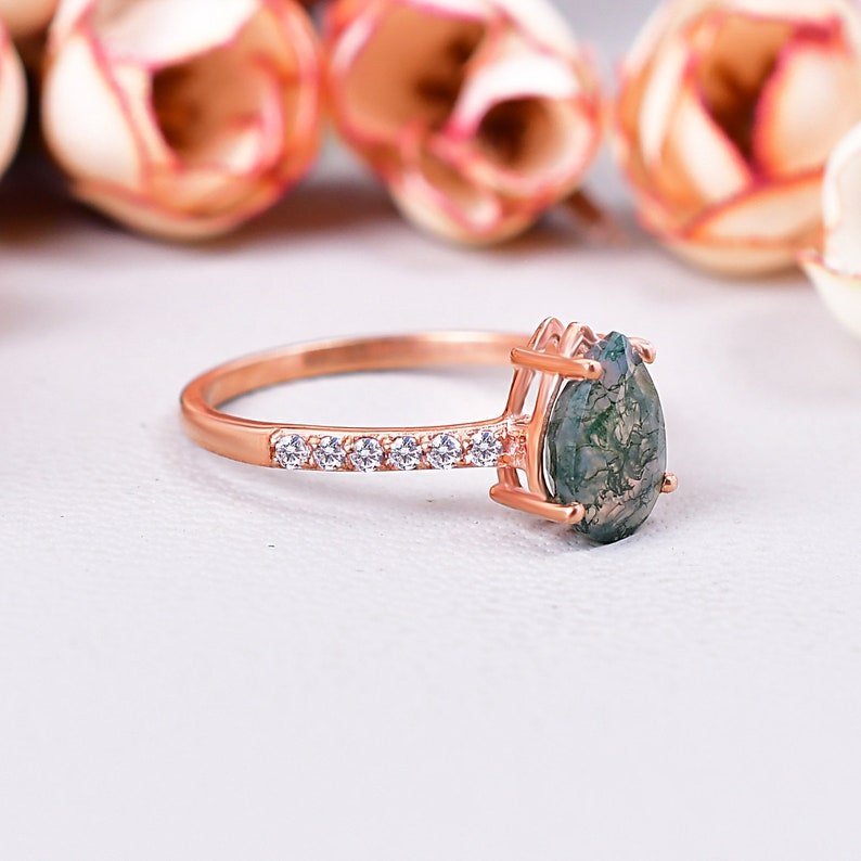 Natural Pear Shaped Moss Agate Engagement Ring for her