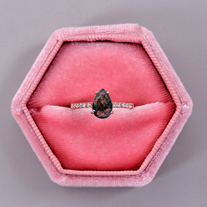 Natural Pear Shaped Moss Agate Engagement Ring for her