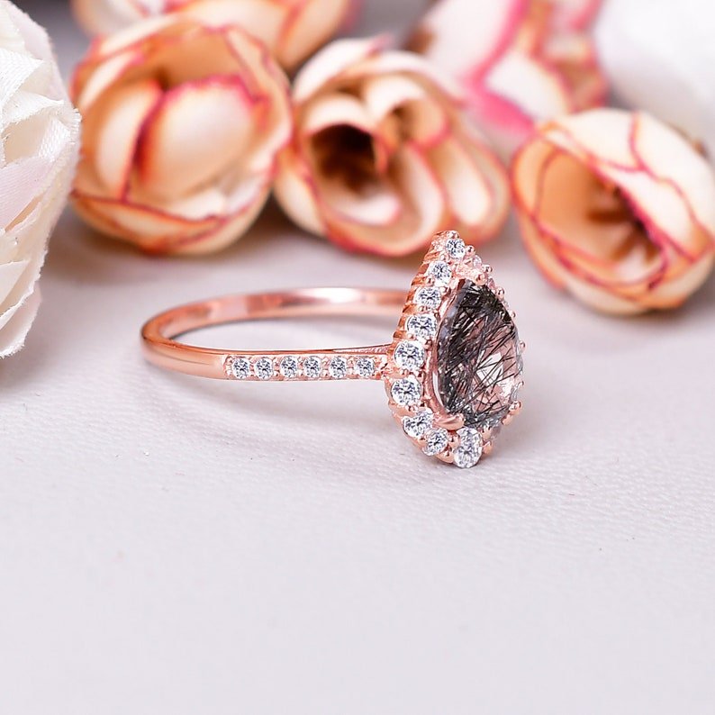 Pear Shape Black Rutilated Quartz Cluster Engagement Ring