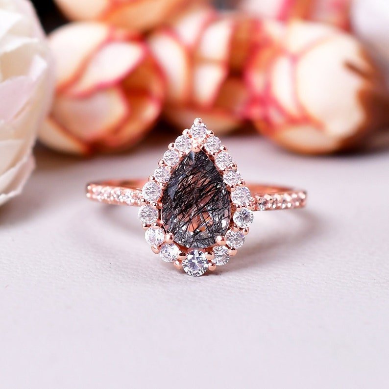 Pear Shape Black Rutilated Quartz Cluster Engagement Ring