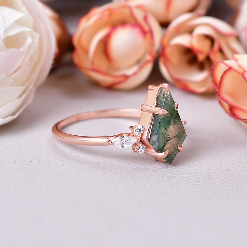 Natural Moss Agate Kite Shape Engagement Ring