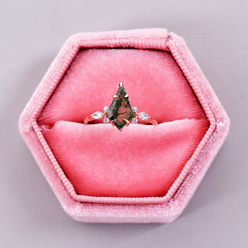 Natural Moss Agate Kite Shape Engagement Ring