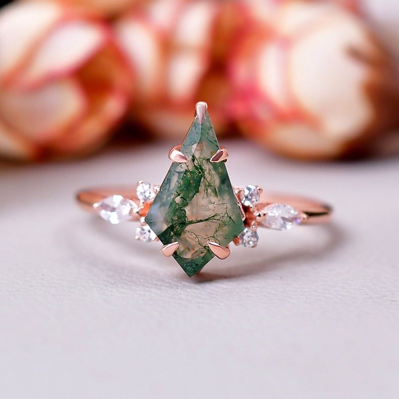 Natural Moss Agate Kite Shape Engagement Ring